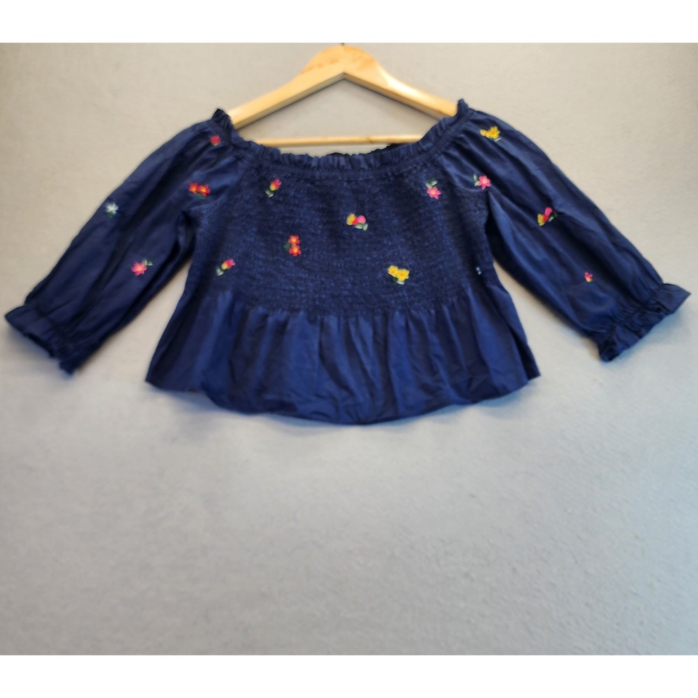 Chocolate USA Navy Blue‎ Smocked Floral Embroidered Off Shoulder Peplum Top Med